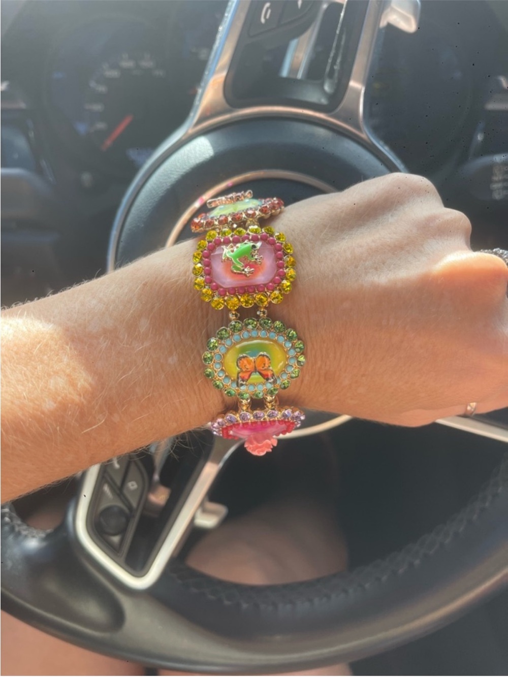 Betsey Johnson Pink, Green & Yellow Crystal Charm Bracelet DOLCE style , used